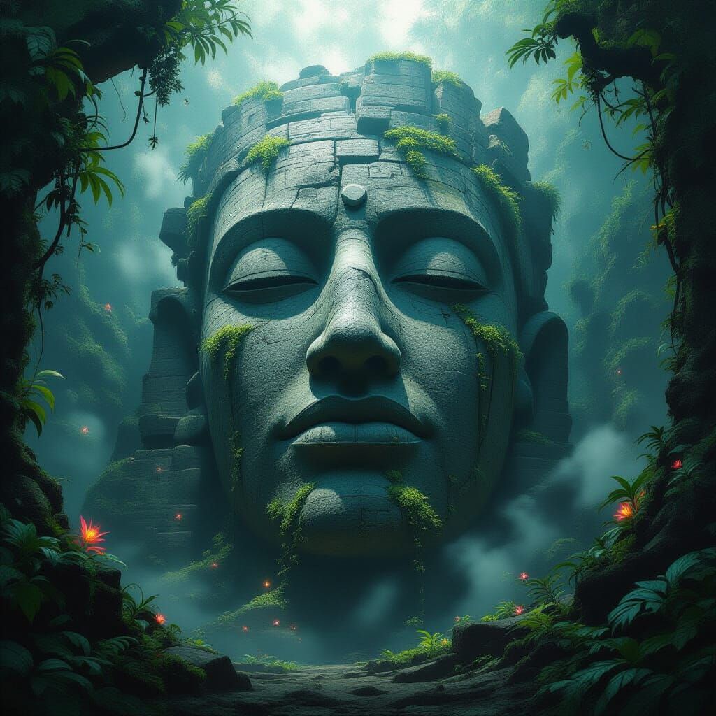 Ancient Stone Head in Misty Jungle