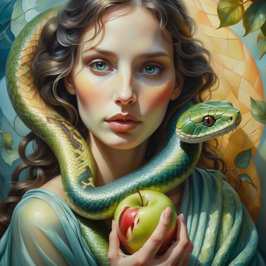 Woman with Snake and Apple: Surreal Oil Painting