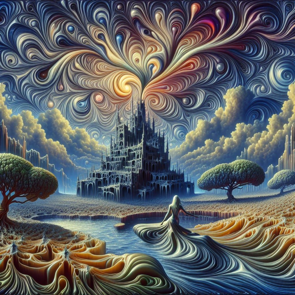 Surreal Landscape with Water Witch in Oil and Acrylics