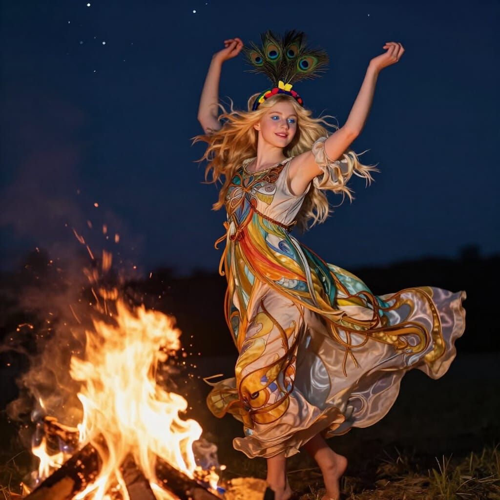 Swedish Girl Dances Around Bonfire in Peacock Headdress