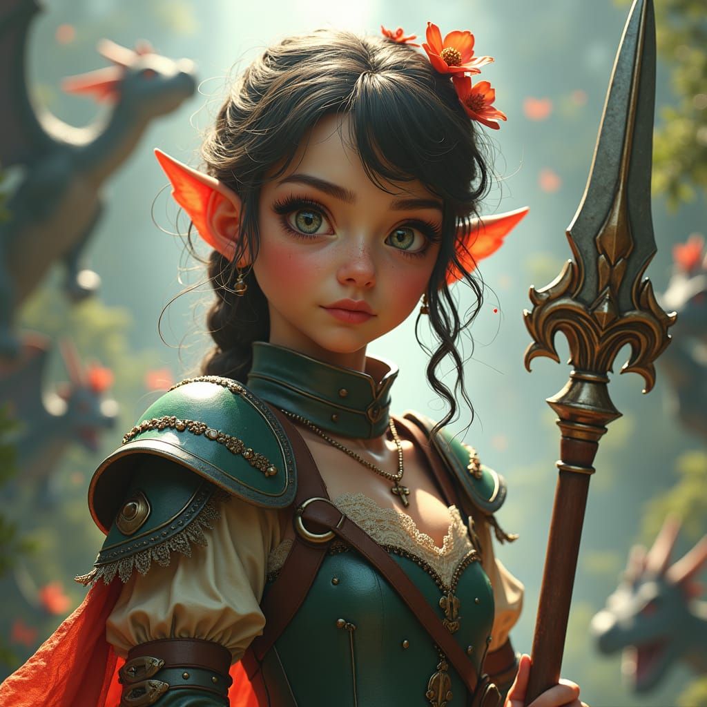 Whimsical Fairy Girl in Armor with Enchanted Spear