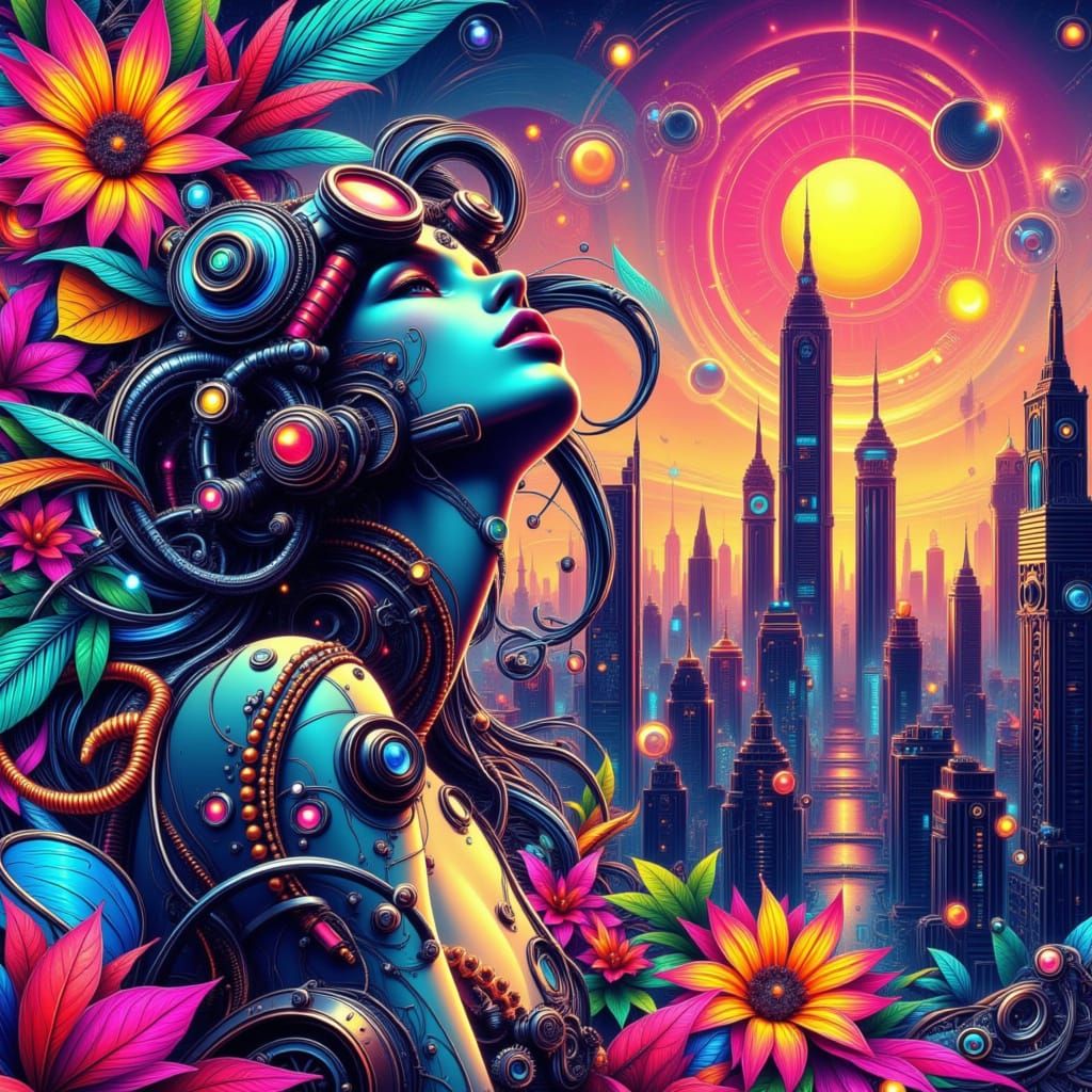 Cyberpunk Cityscape in Neon Art Nouveau Style