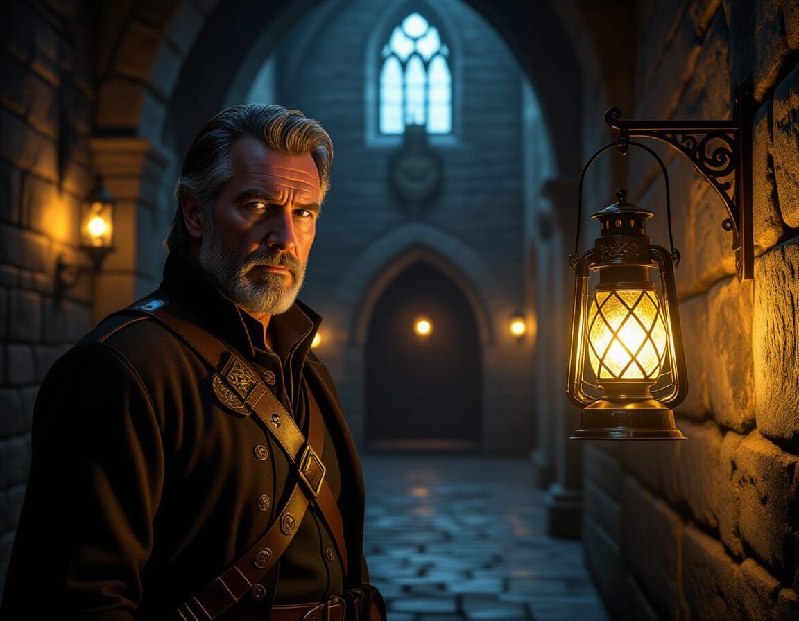 Man Patrolling Magical Castle at Night with Lantern