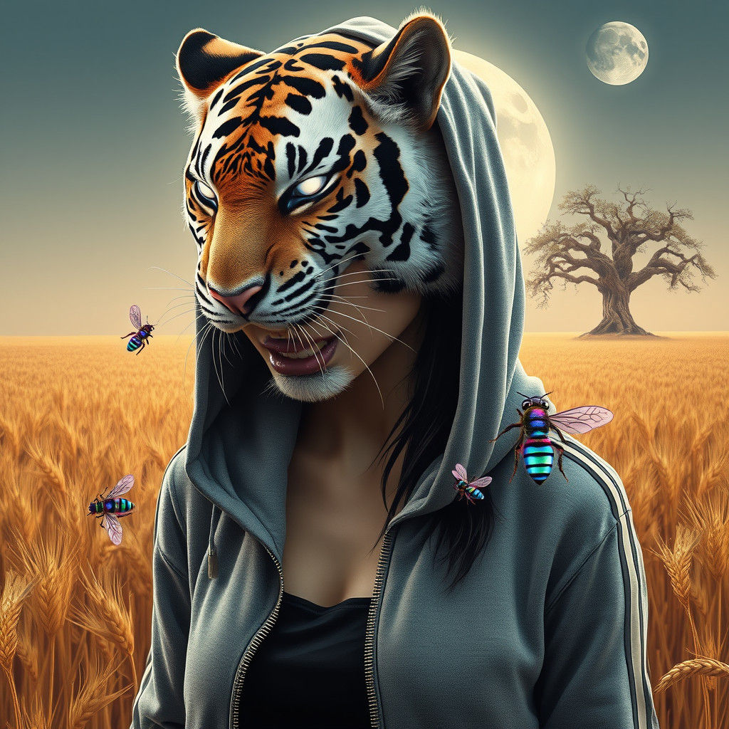 Tiger-Woman in Wheat Field Under Moonlight