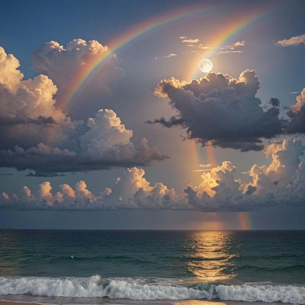 Full Moon Ocean Rainbow with Sunshine Beams