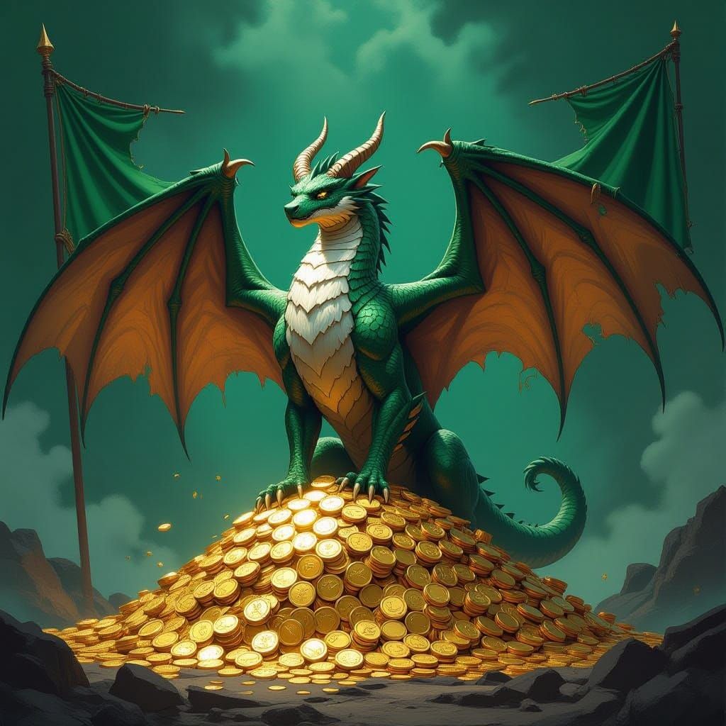 Epic Fantasy Flag With Three-Headed Dragon and Gold Hoard