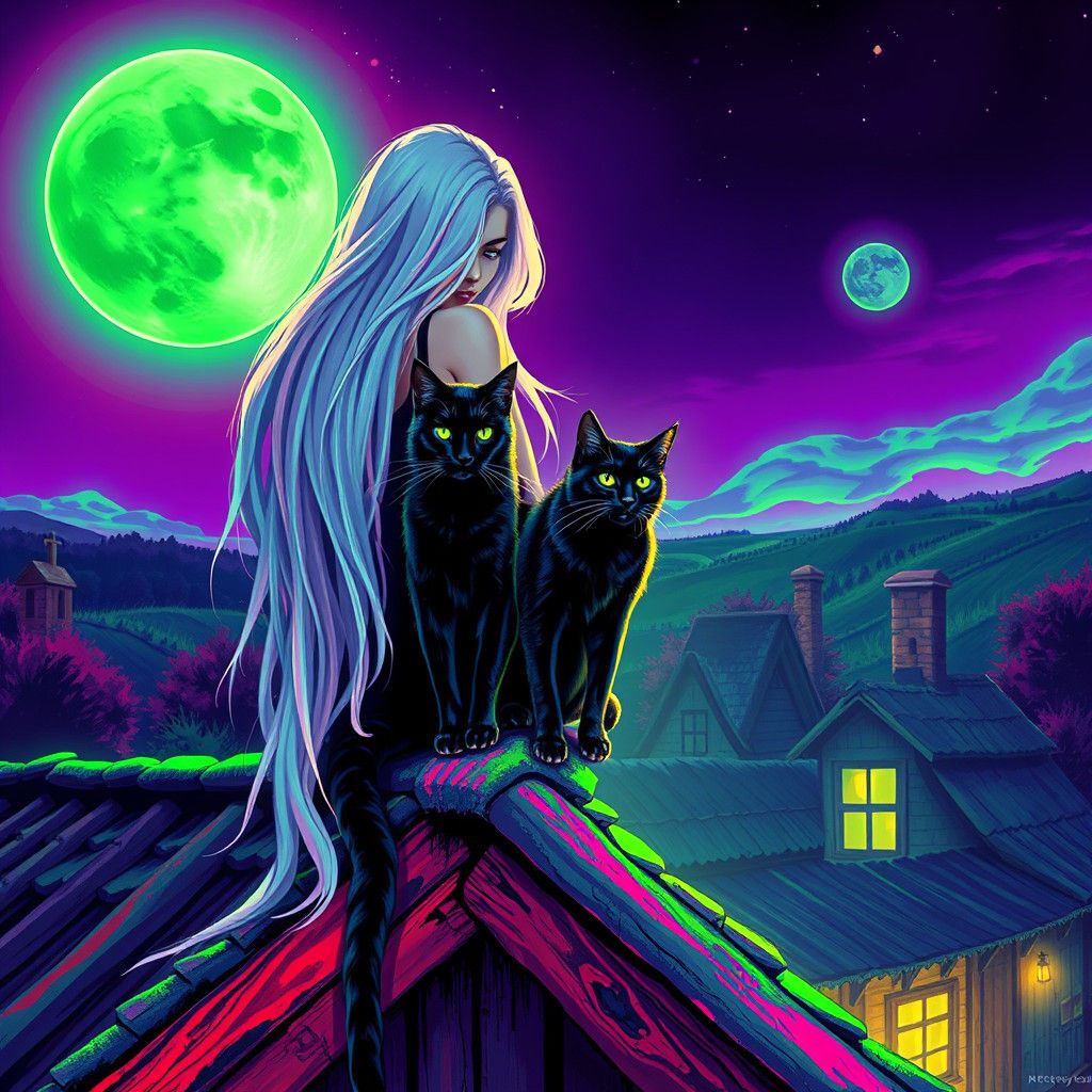 Woman and Cat on Rooftop in Graffiti Art Style