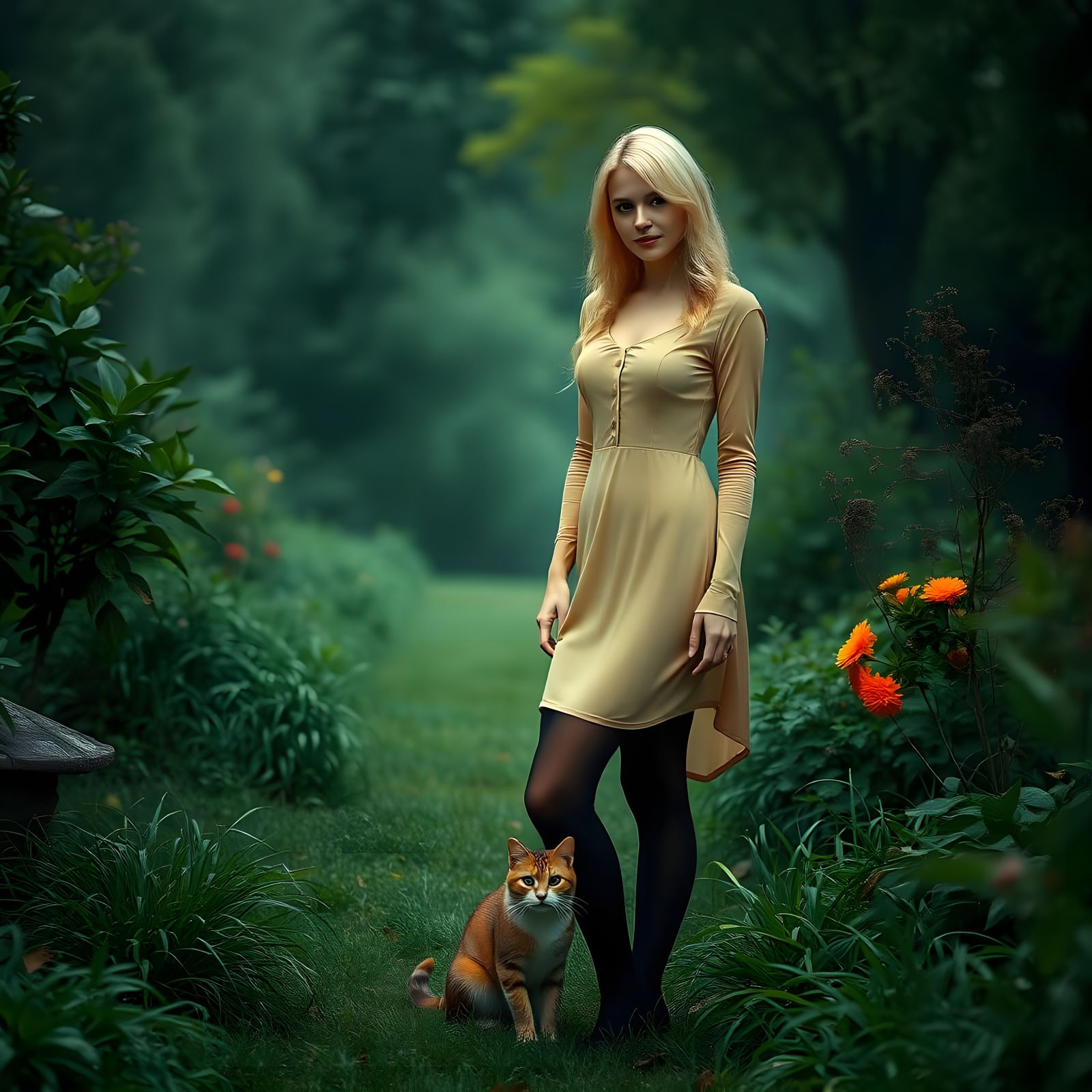 Woman with Cat in Green Garden with Mist