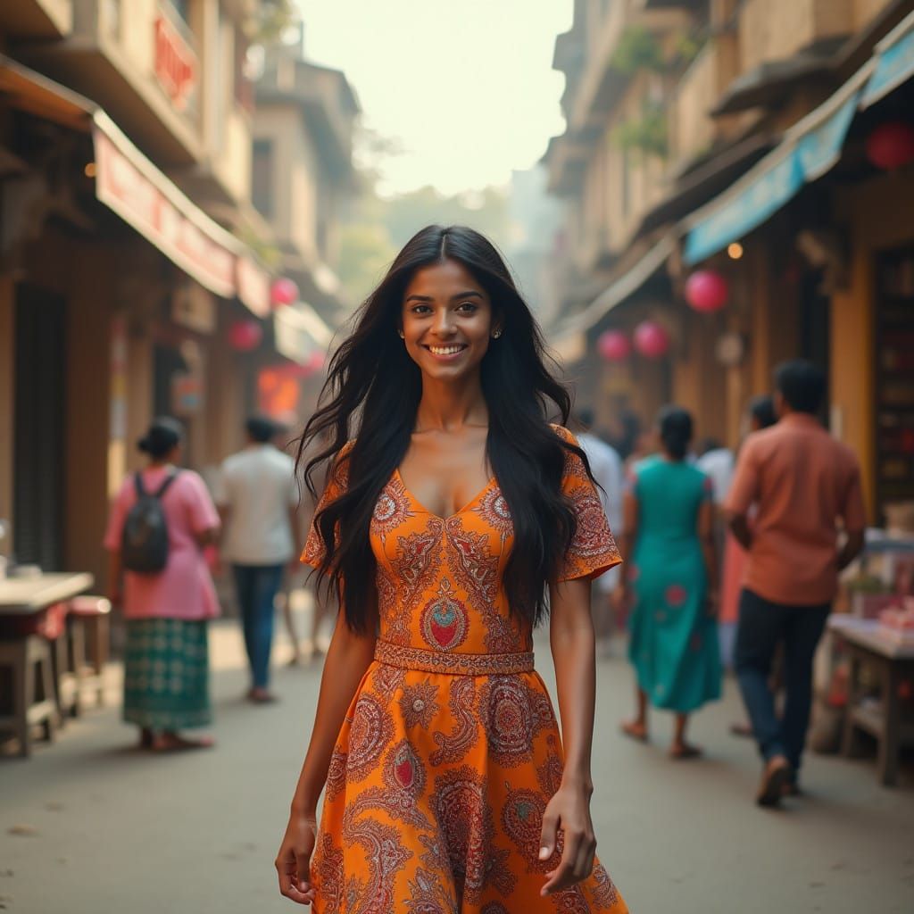Indian Woman Strides Through Lively Urban Street in India