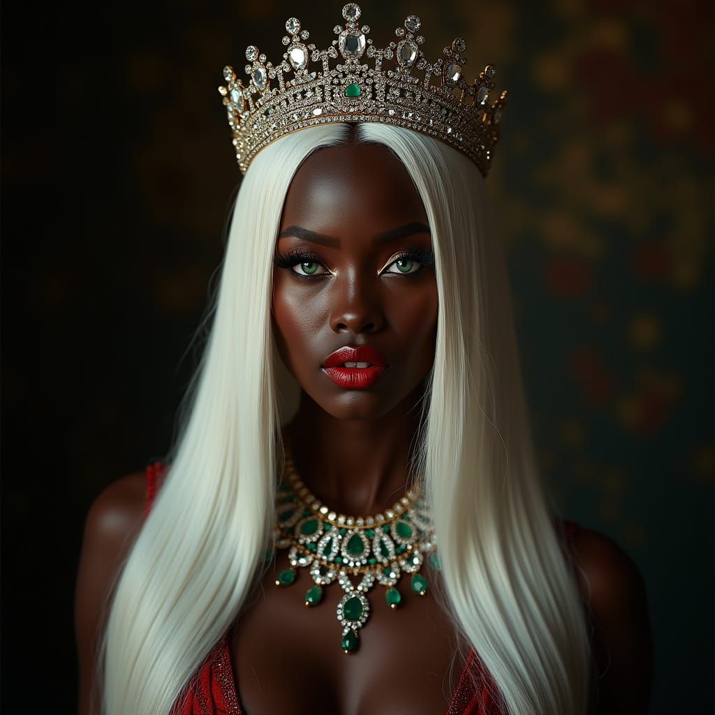 African Queen with Green Eyes and Diamond Crown in Velvet Ba...