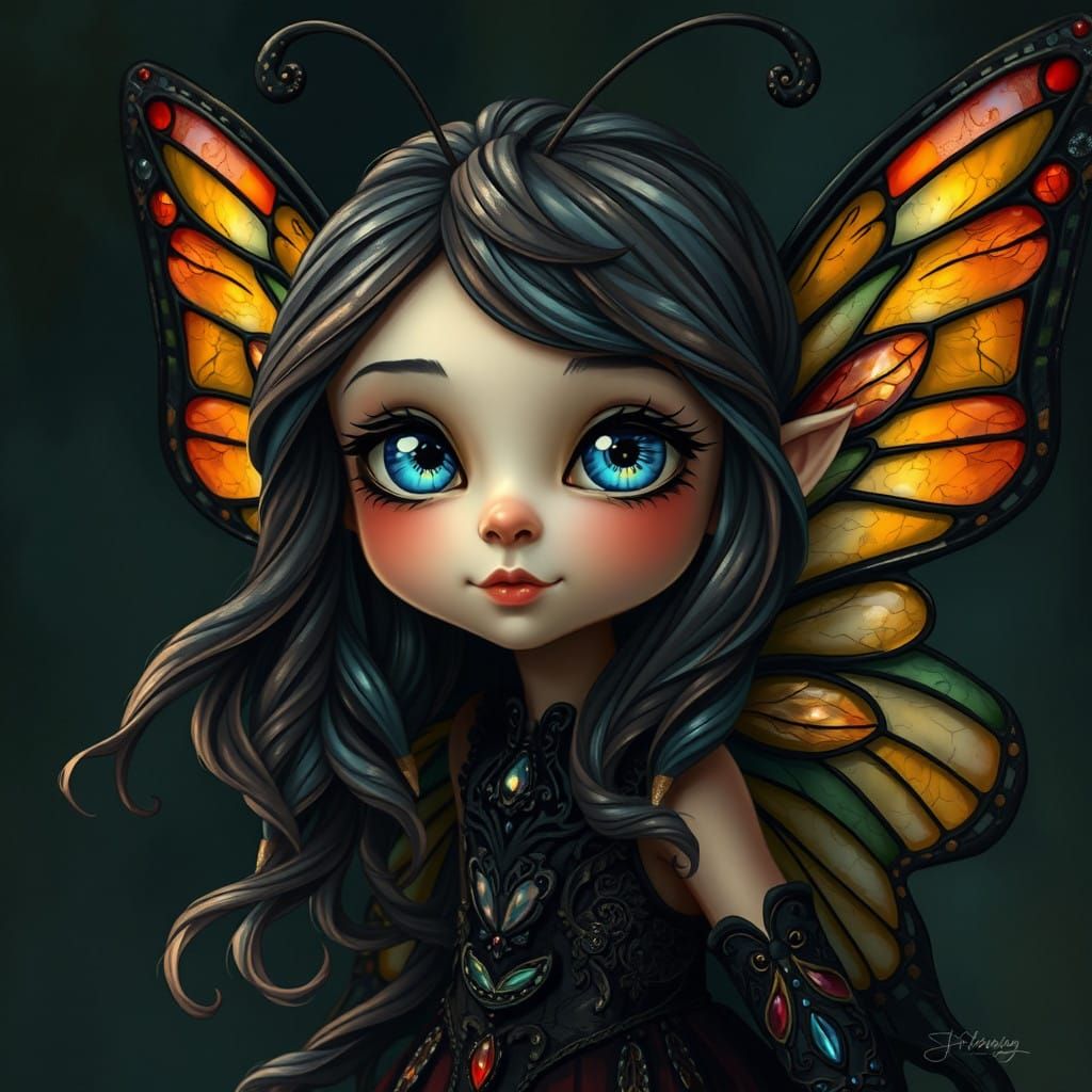 Whimsical Oil Painting of a Mischievous Butterfly Girl with....