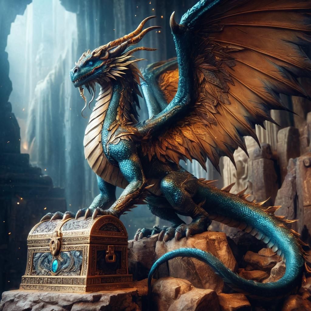 Feathered Dragon Guarding Golden Treasure Chest