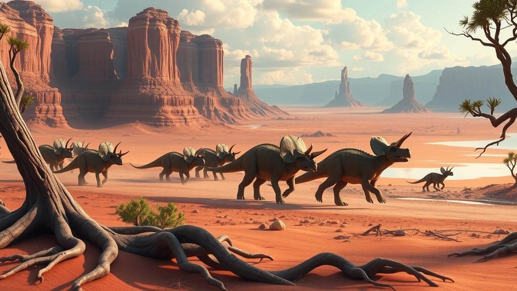 Lambeosaurus and Triceratops Roam Gondwana Desert in Vibrant...