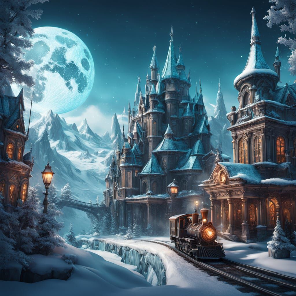 Snow Globe Train Station Fantasy Cityscape Illustration