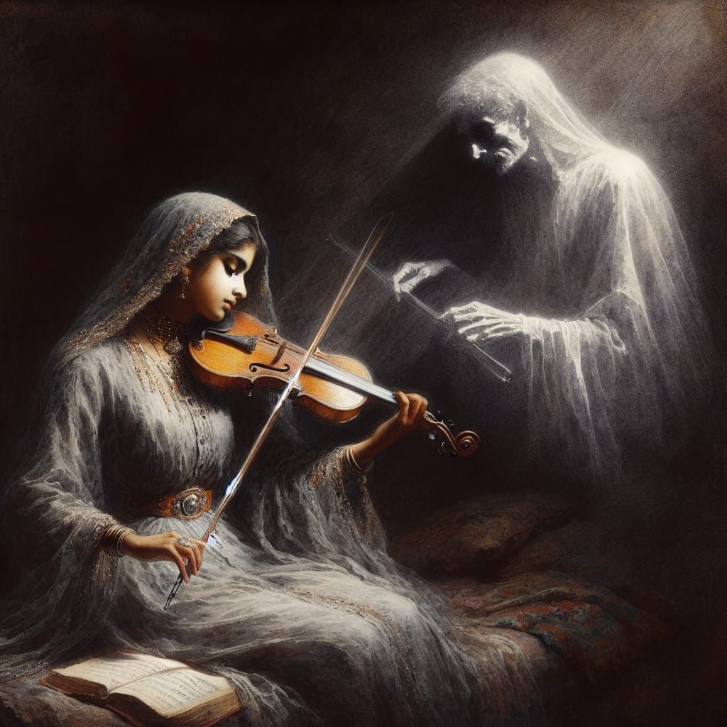 Sorrowful Woman's Spectral Serenade: 19th Century Watercolor