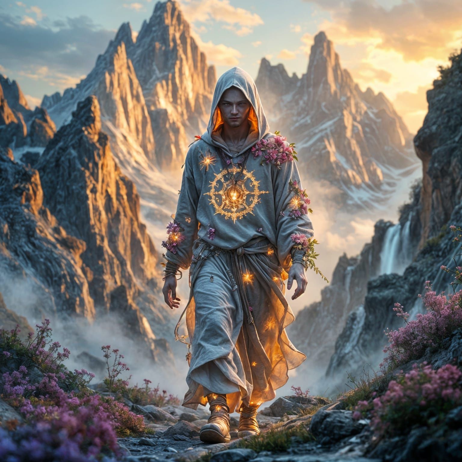 God of Spring in Floral Hoodie, Fantasy Landscape