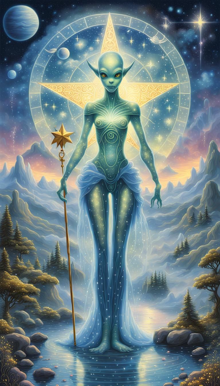 Alien-Themed Star Tarot Card in Cartoon Style