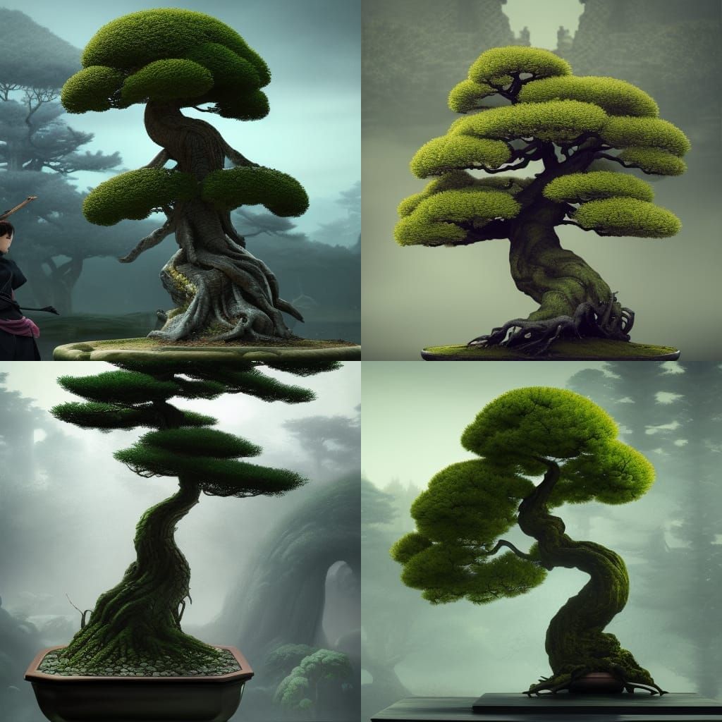 Samurai Bonsai Tree and Ghost: Dark Fantasy Art
