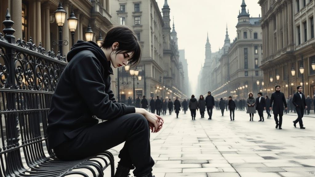 Urban Solitude in a Bustling City Square