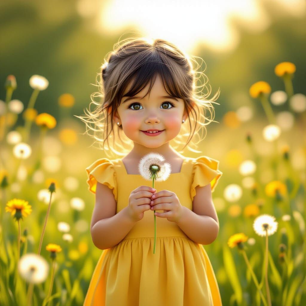 Cute Girl in Sunny Meadow Holding Dandelions