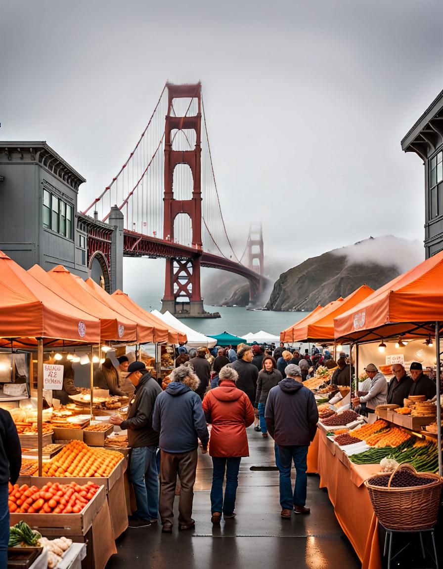 San Francisco Market with Golden Gate Bridge