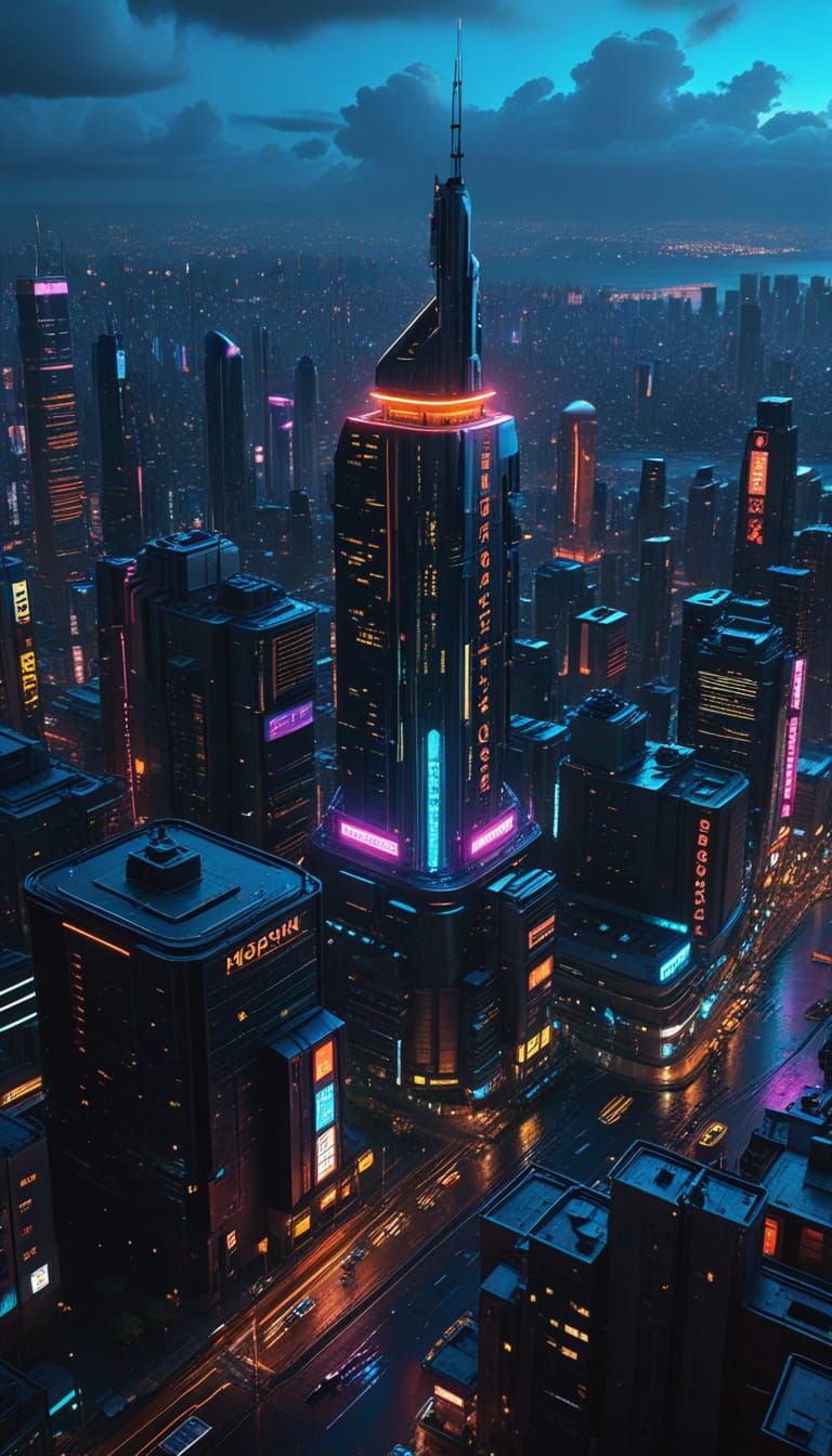 Cyberpunk Metropolis at Night with Flying Cars