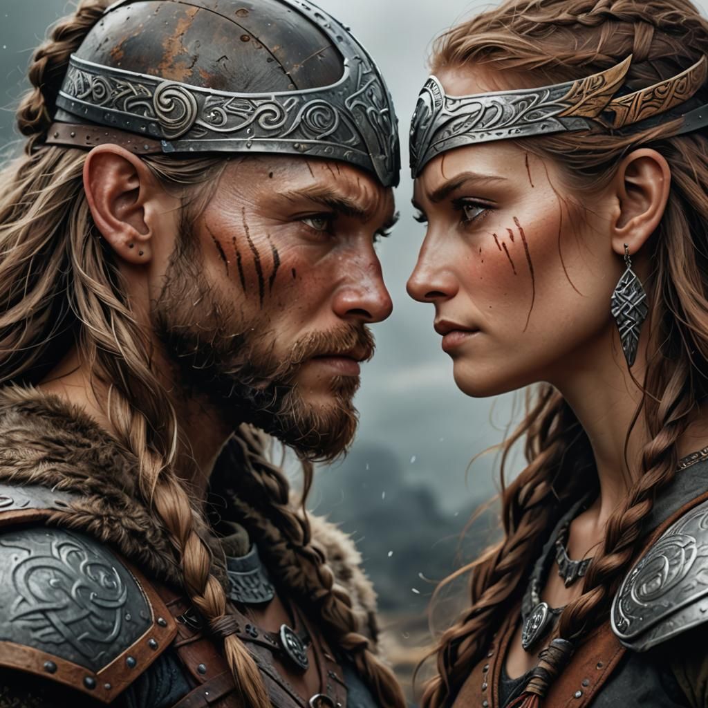Viking Couple's Intense Gaze: A Photorealistic Painting