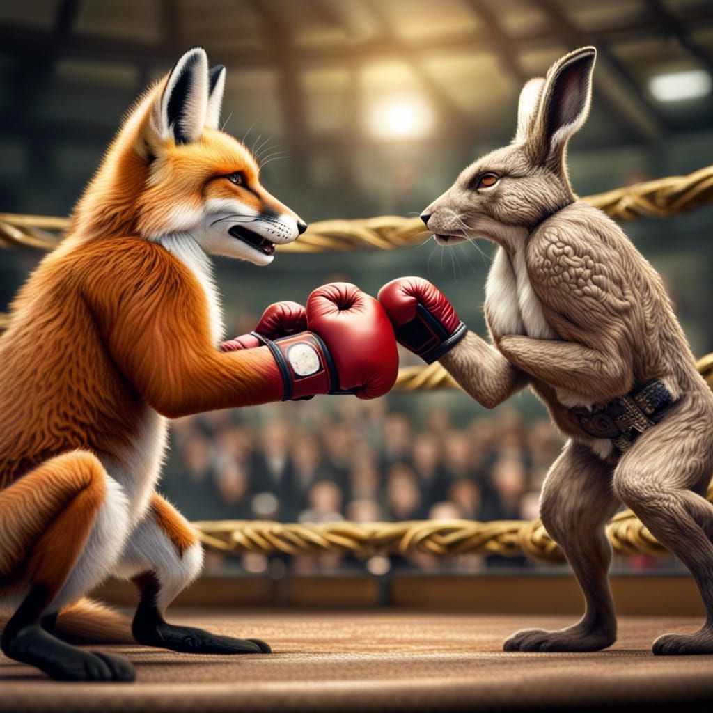 Fox and Rabbit Boxing Match in Hyperrealistic Style