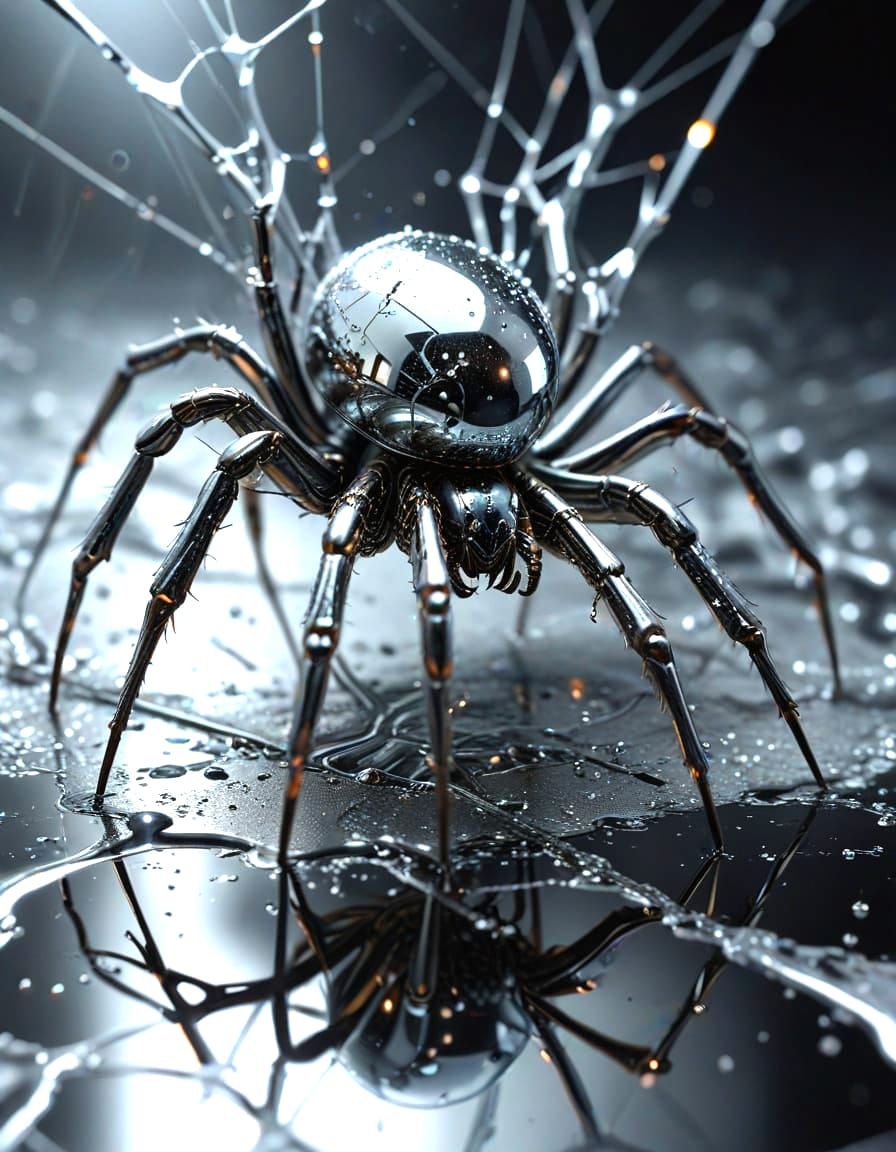A spider sculpted ,liquid chrome