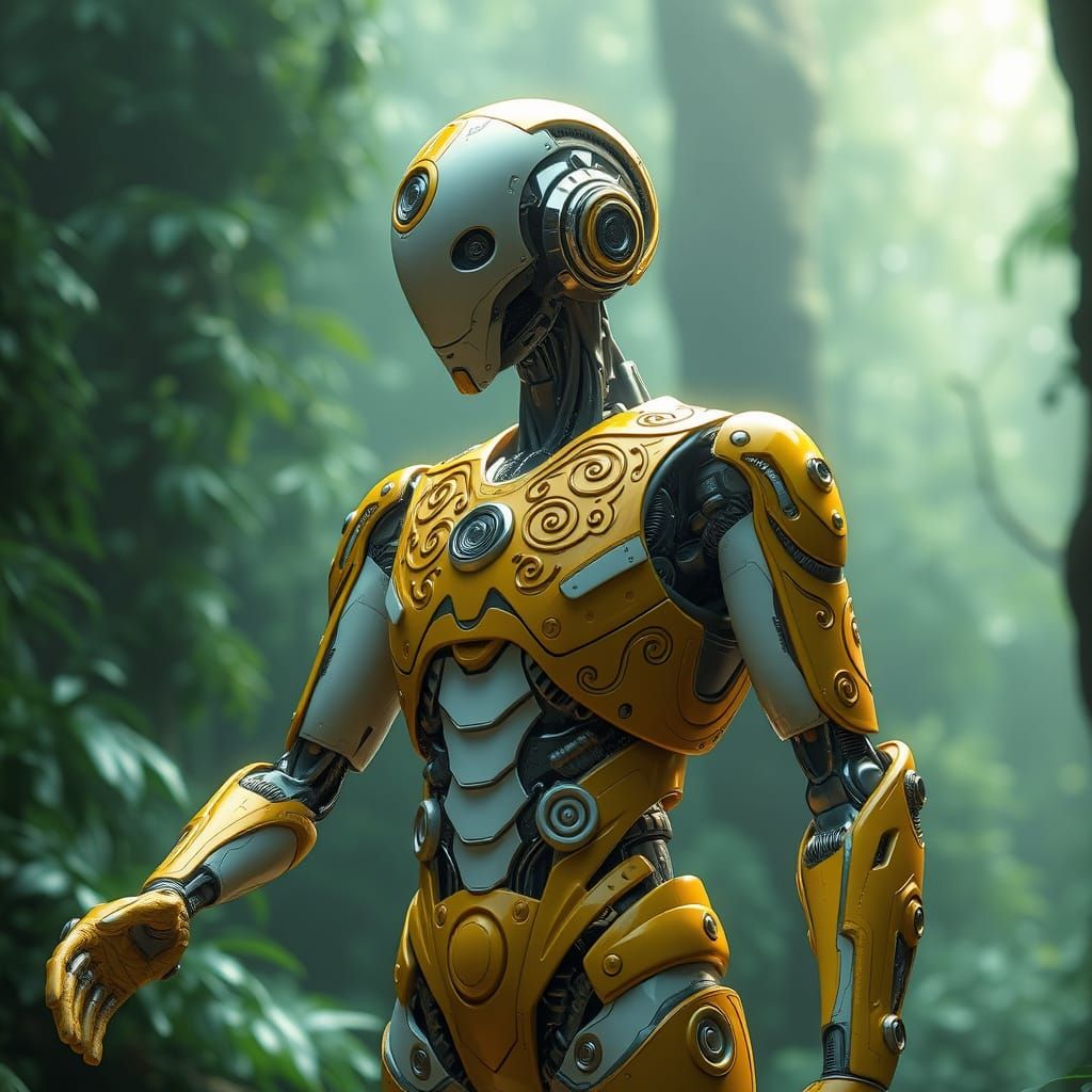 Futuristic Humanoid Robot in a Lush, Emerald Green Environme...
