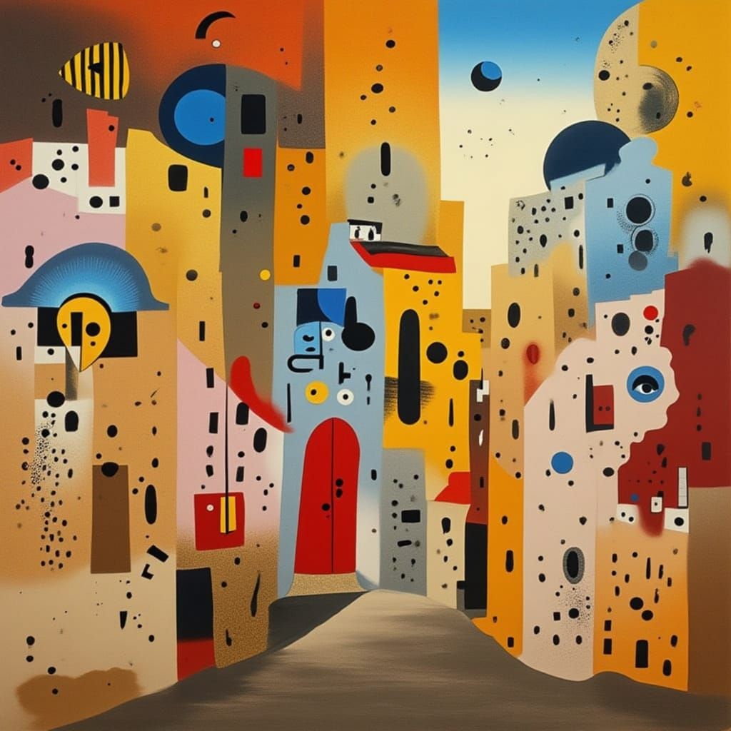 Cute Robots in Moroccan Bazaar, Surreal Gouache Painting