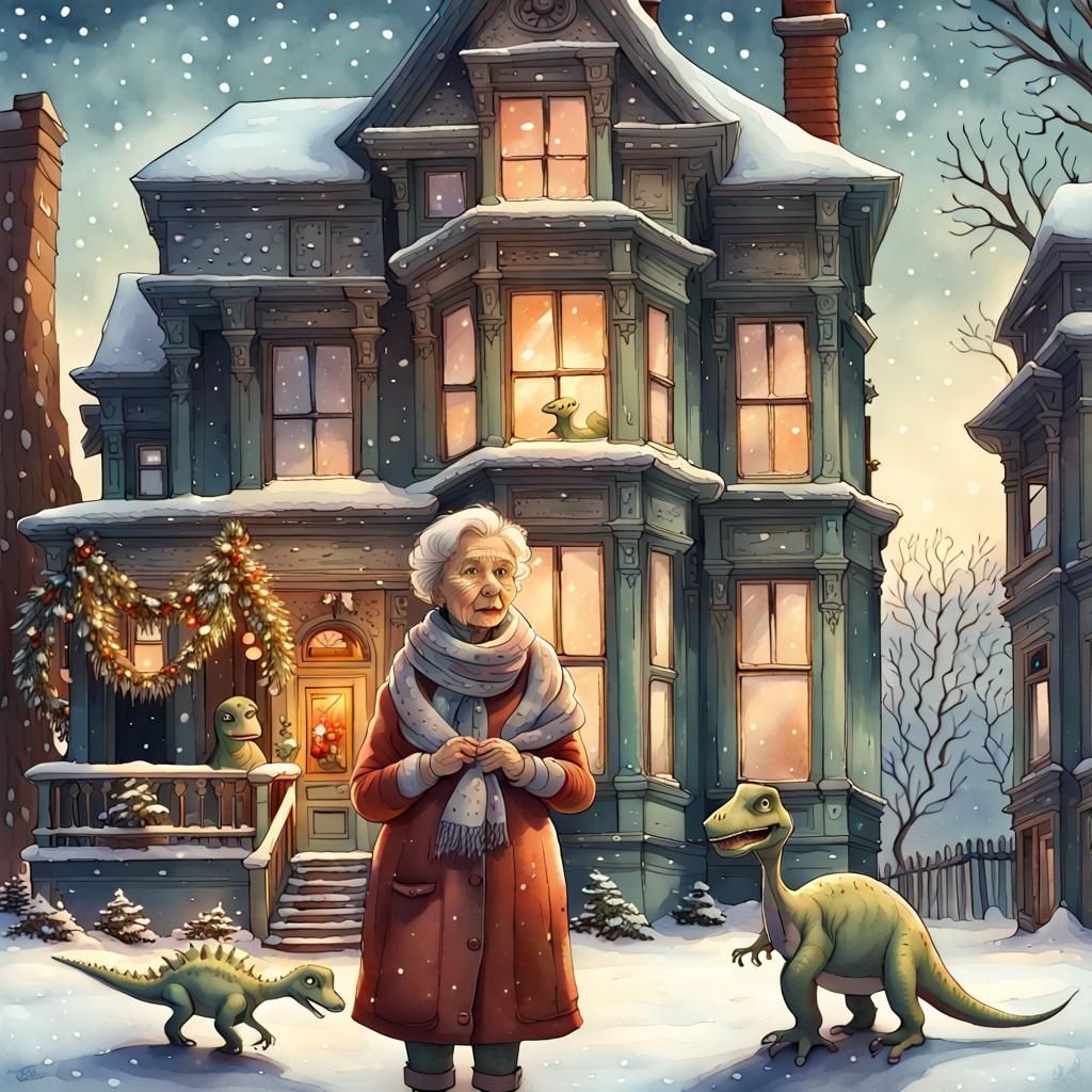 Festive Winter Scene: Woman, Dinosaur, Victorian House