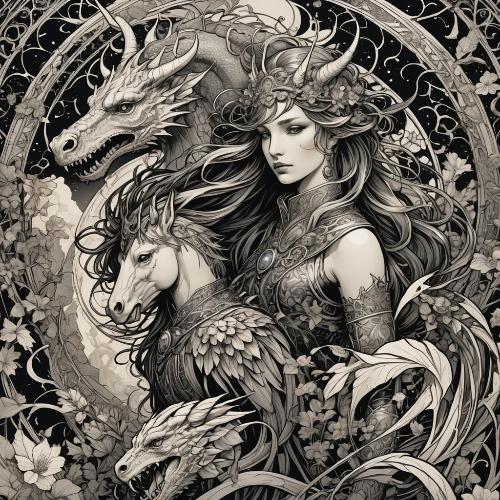 Mythical Beasts in Alphonse Mucha Black Ink Style