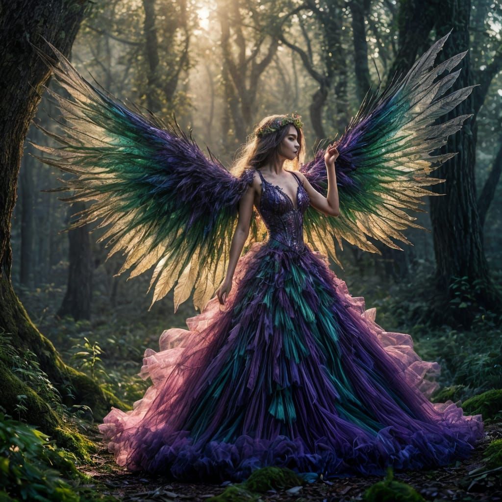Iridescent Fairy Dancing in Misty Forest