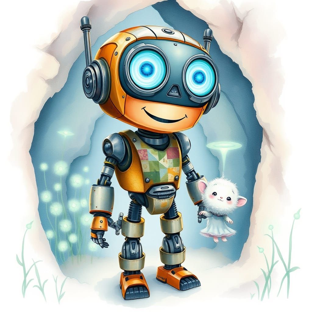 Cheerful Robot and Creature in Bioluminescent Grotto