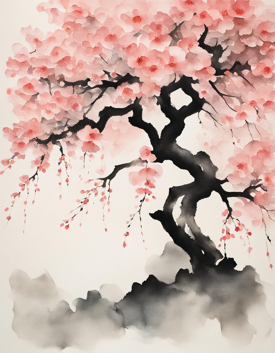 Minimalist Sakura Tree in Gouache Style