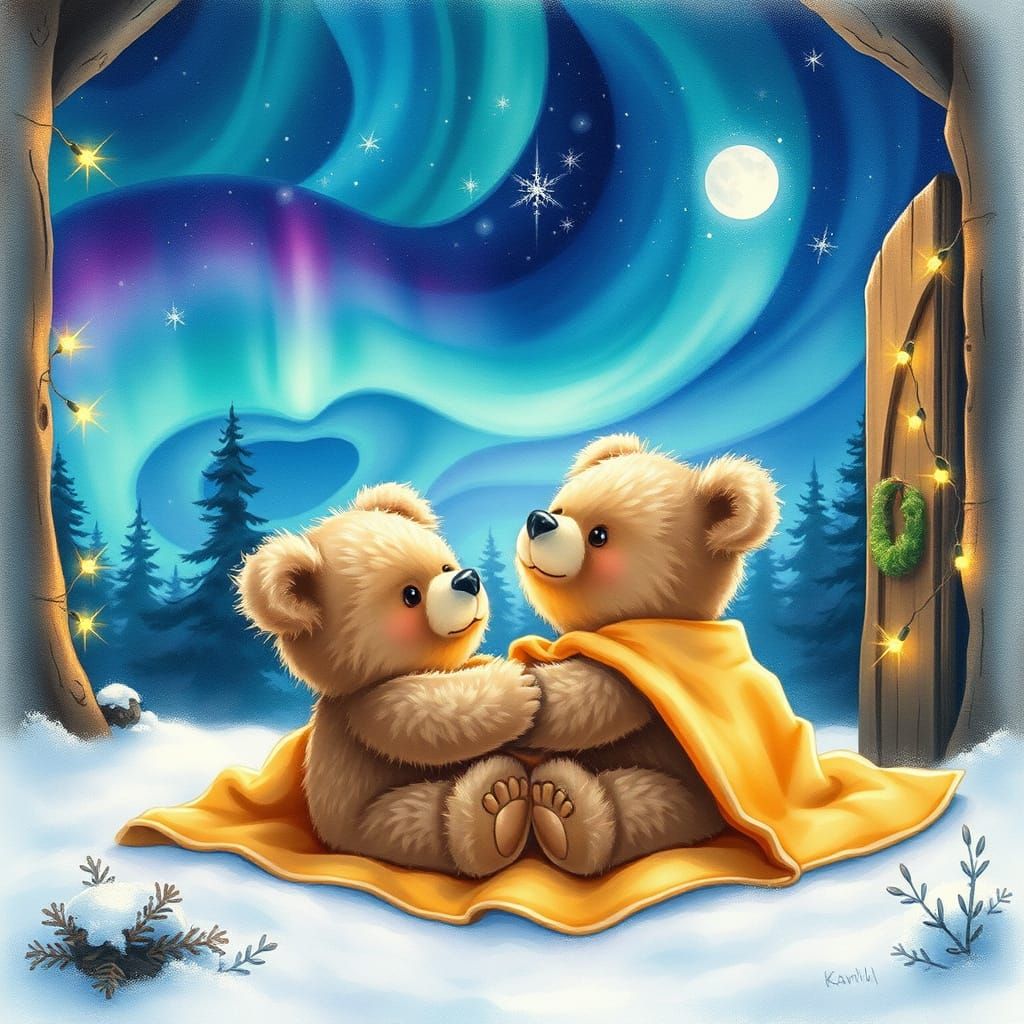 Surreal Winter Scene with Northern Lights and Teddy Bears
