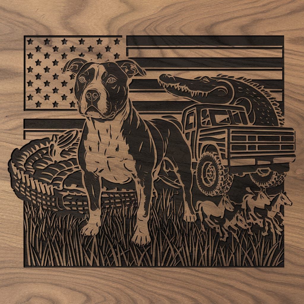 Pit Bull in Country Sunset: Laser Engraving Vector