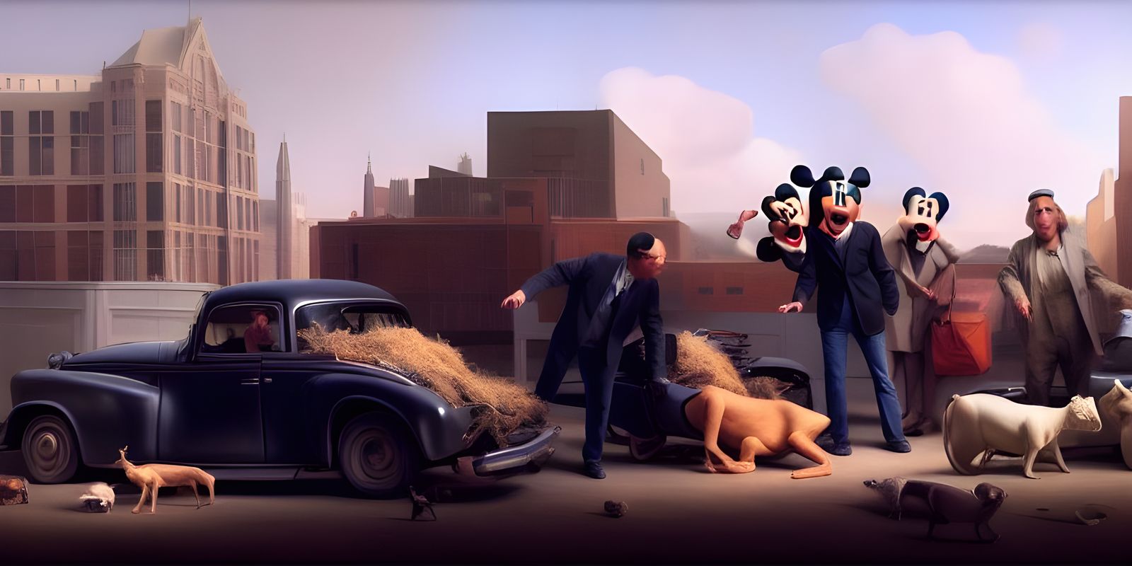 Hyperrealistic Car Crash with Animals and People