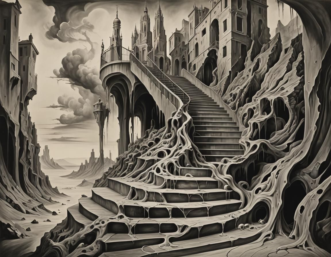 Surreal Melting Stairs in Charcoal Style