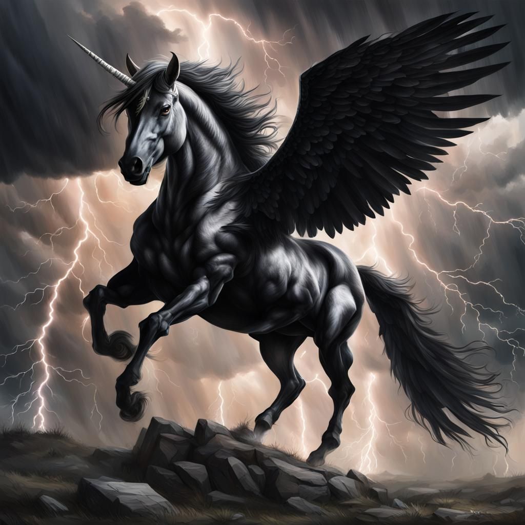 A black winged unicorn with a black horn rearing up while a storm is hovering overhead in the sky and lightning is strik...