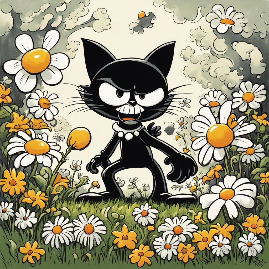 Sinister Cartoon Felix the Cat with Flowers