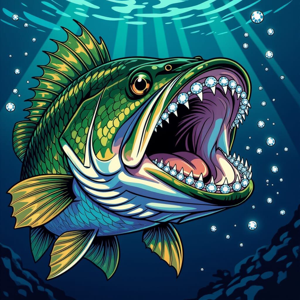 Largemouth Bass Reveals Diamond Teeth in Comic Art