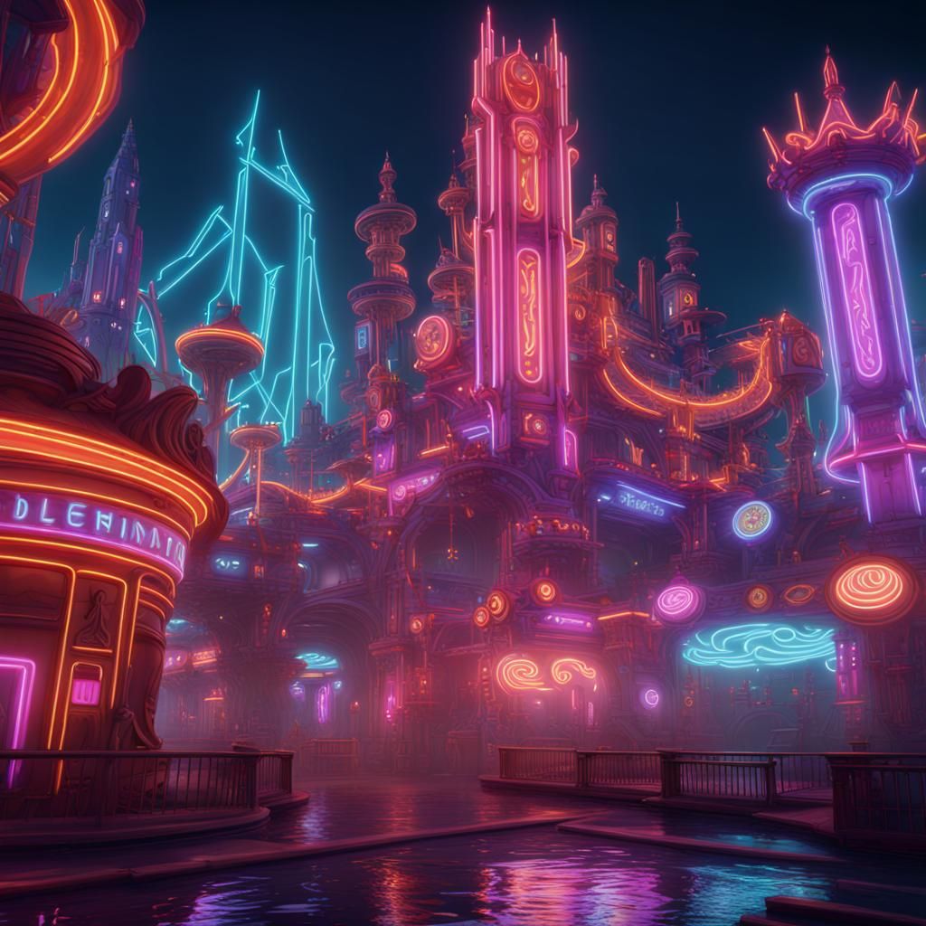 Neon Theme Park: Detailed Matte Painting