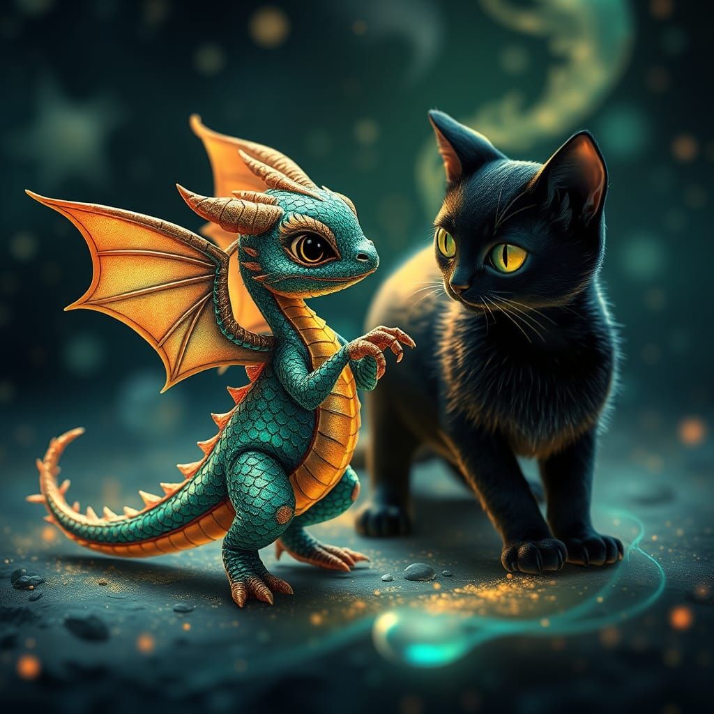 Dragon and Cat Dance in Cosmic Illustration