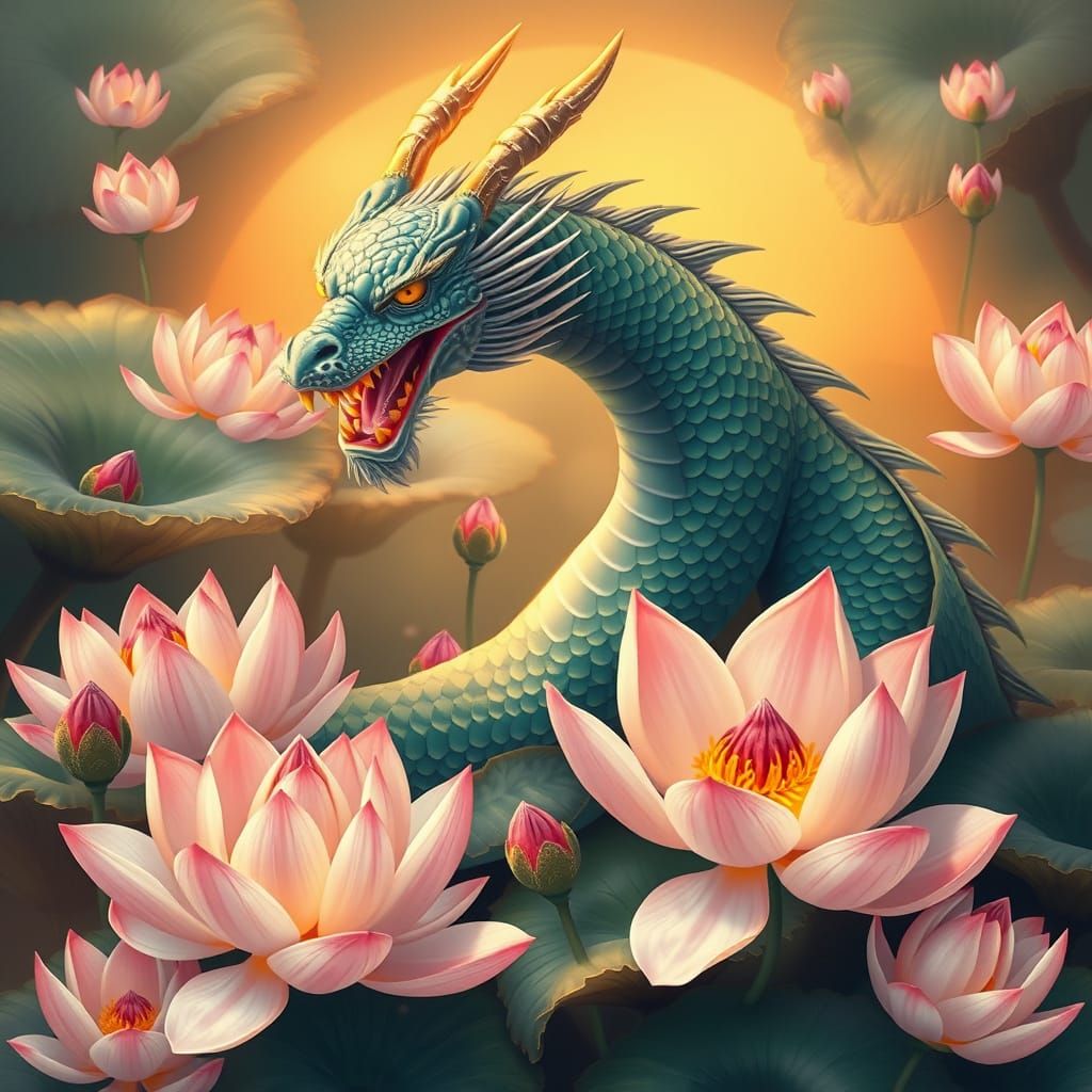 Dragon amidst Lotus Blooms in Ethereal Beauty