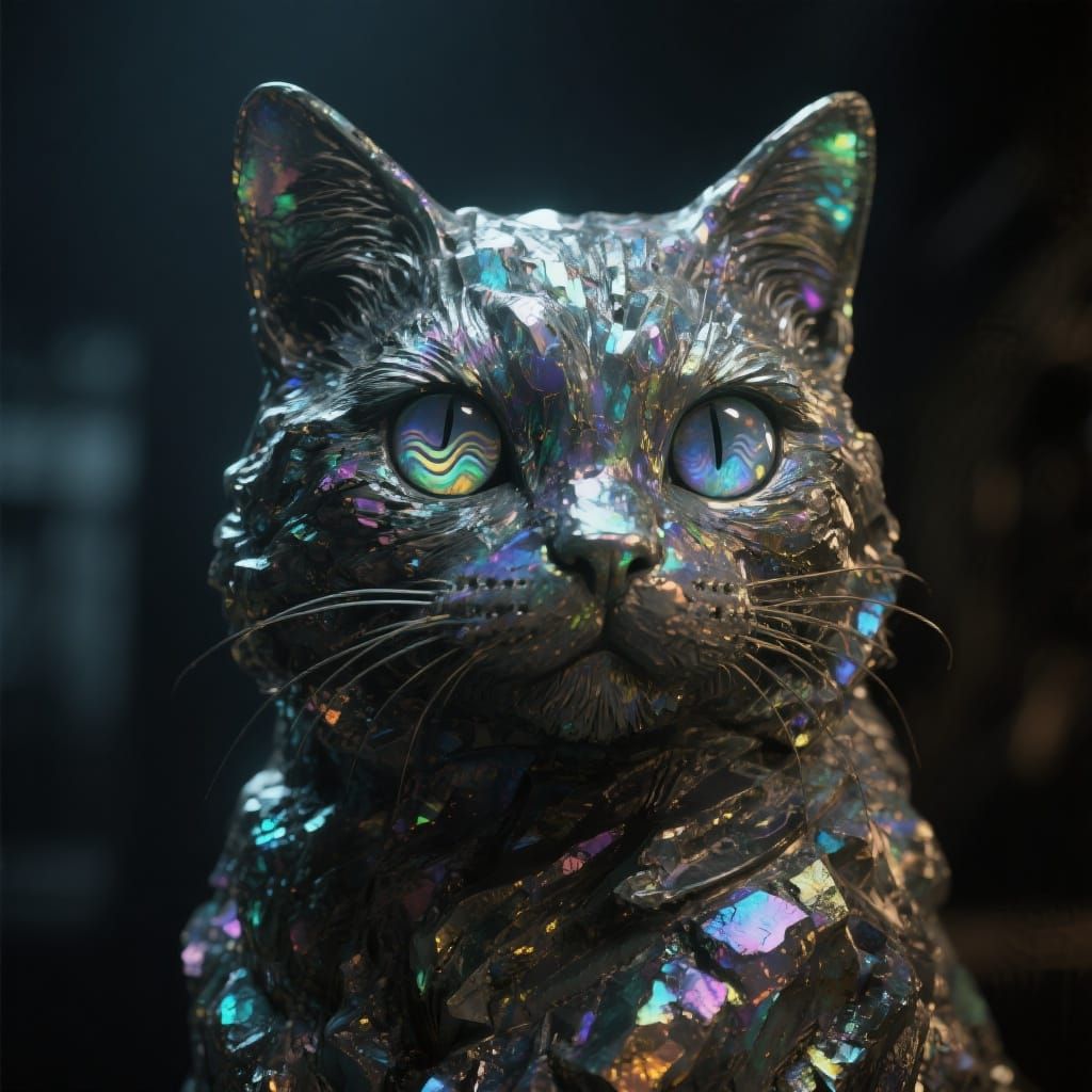 Scorodite Cat Statue with Wavelite Eyes, Hyperrealistic