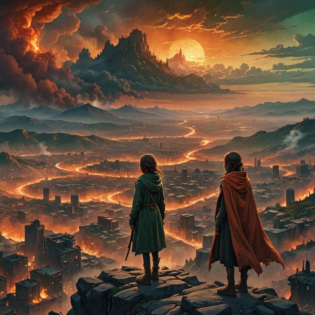 Post-Apocalyptic Girl in Burning Cityscape: Matte Painting