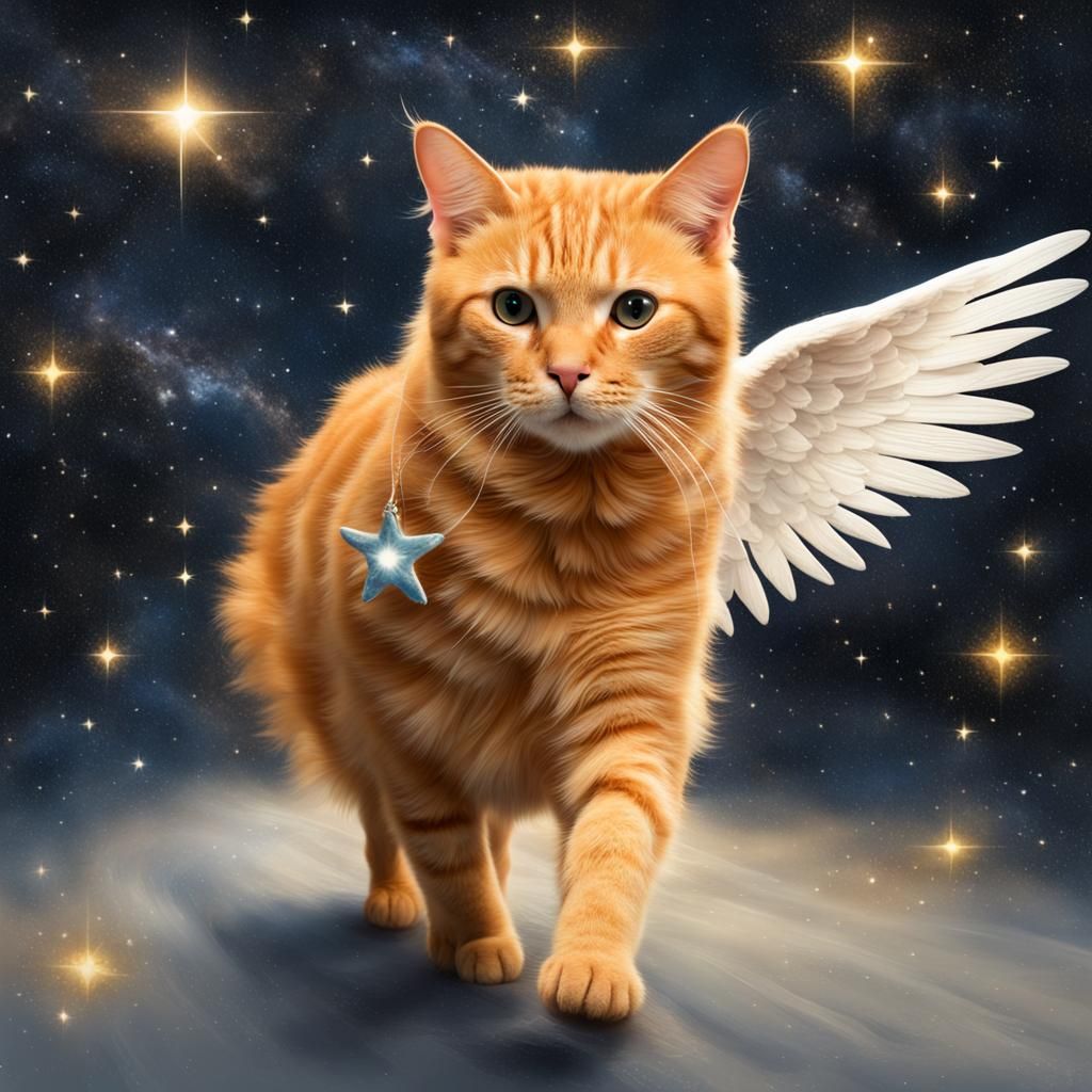 Tabby Cat with Angel Wings Among Stars