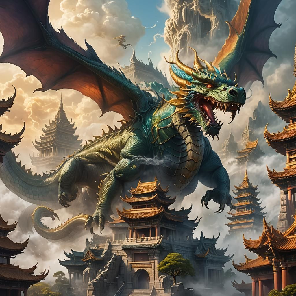 Majestic Dragon Soars Near Mystical Temple